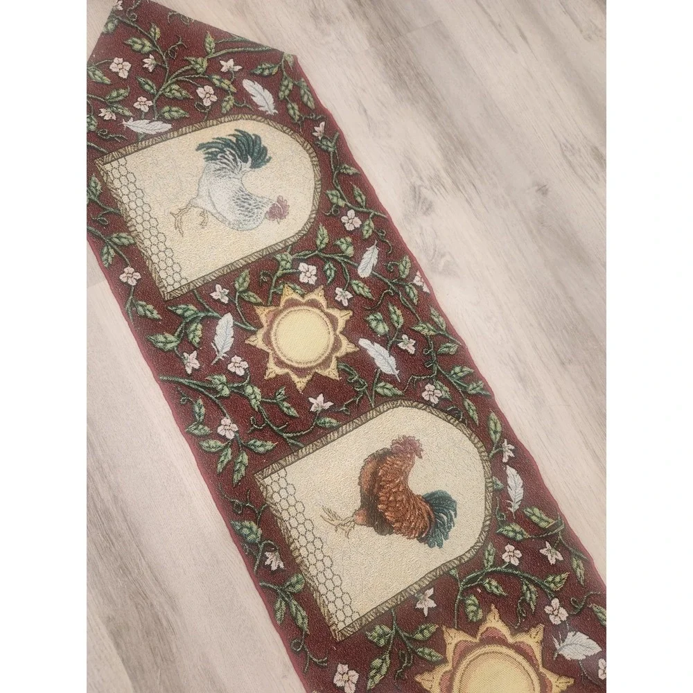 Vintage Rooster Farmhouse Cottagecore Tapestry Table Runner Red & Cream 69x12